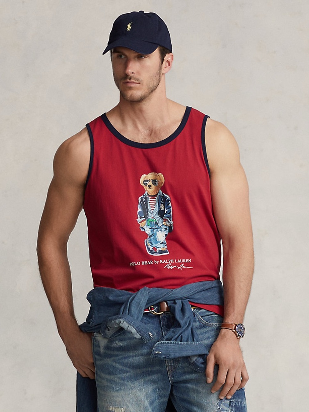 Ralph Lauren Red Tank Top with Navy Trim and Polo Bear Graphic